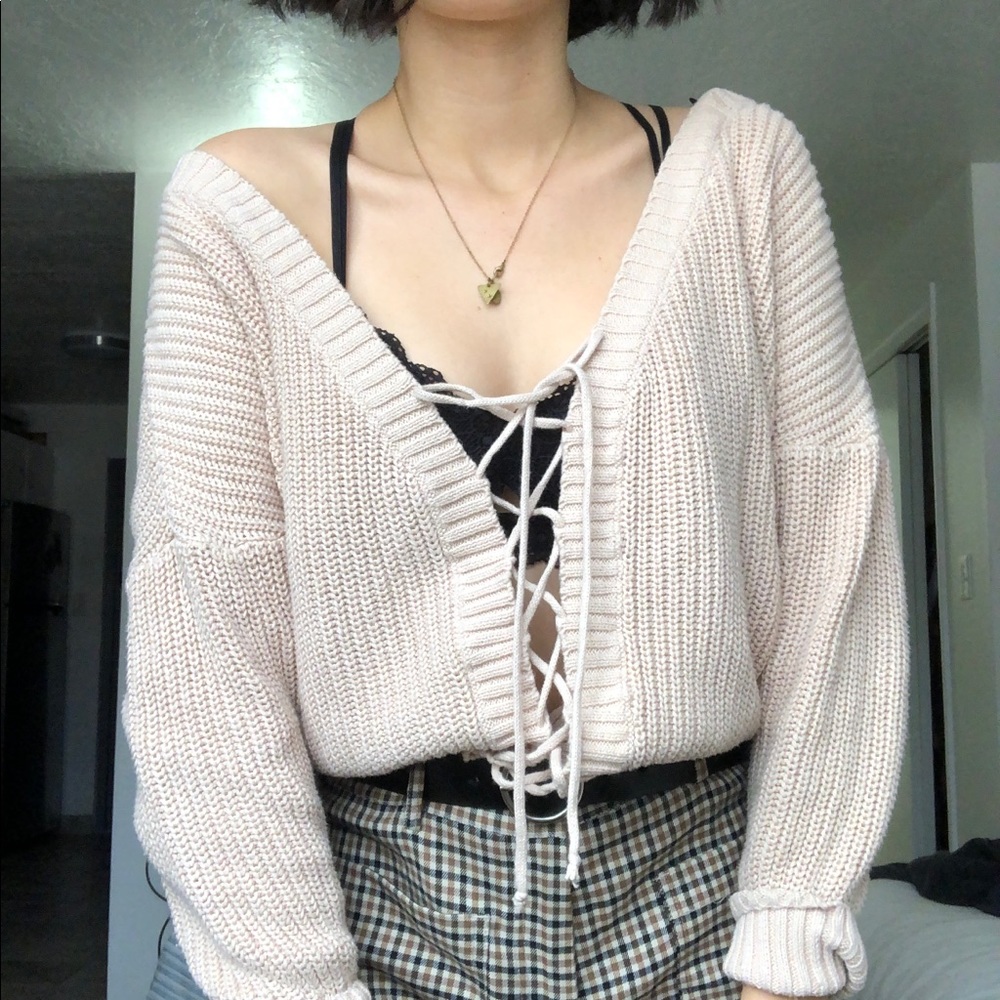 Beige Lace up Open Sweater Hyfve size small